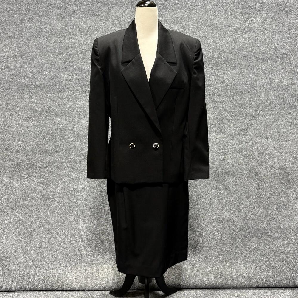 Vintage Valerie Stevens Skirt Suit Set Womens 12 Black Wool Jacket Skirt Career